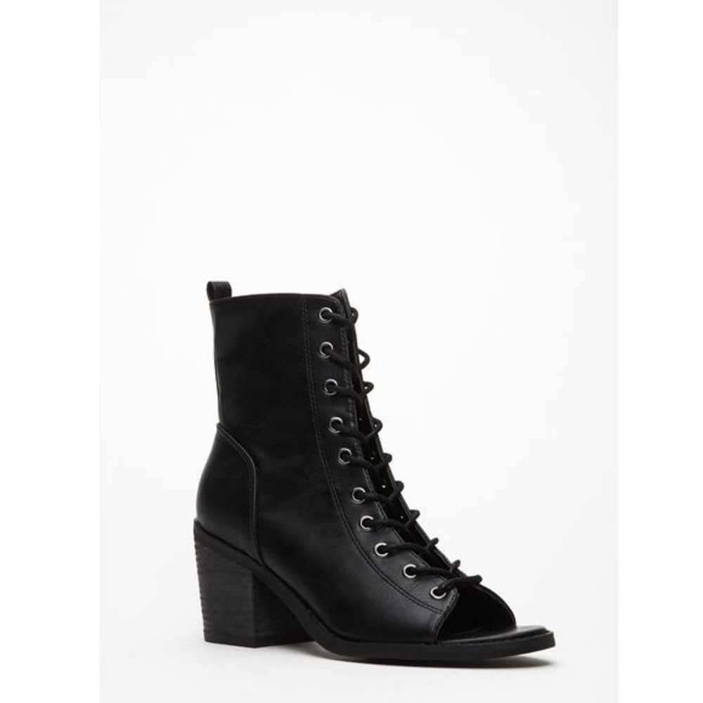 Black Lace-up Peep Toe Booties